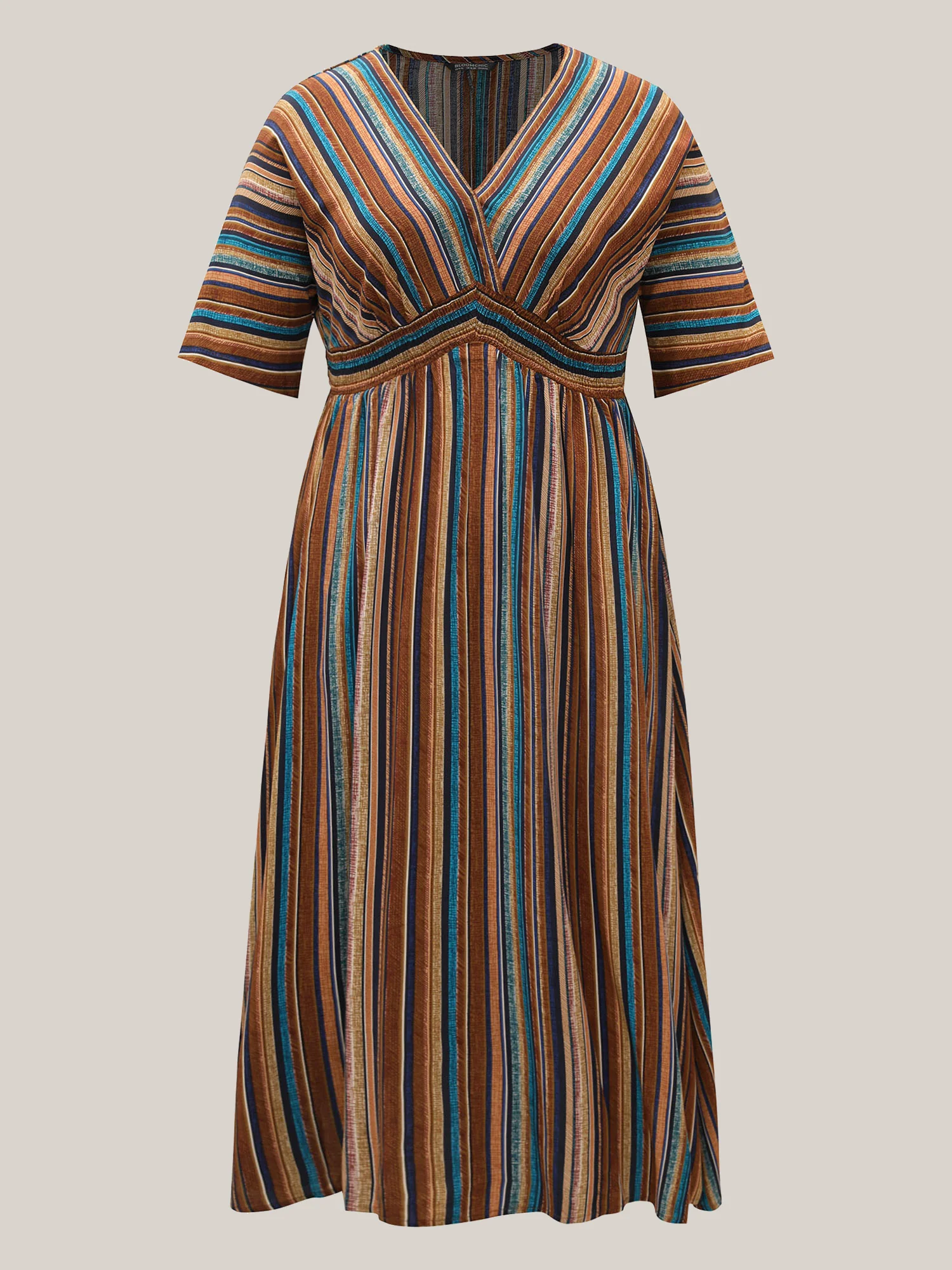 Striped Contrast Dolman Sleeve Shirred Pocket Split Flutter Dress - Image 22