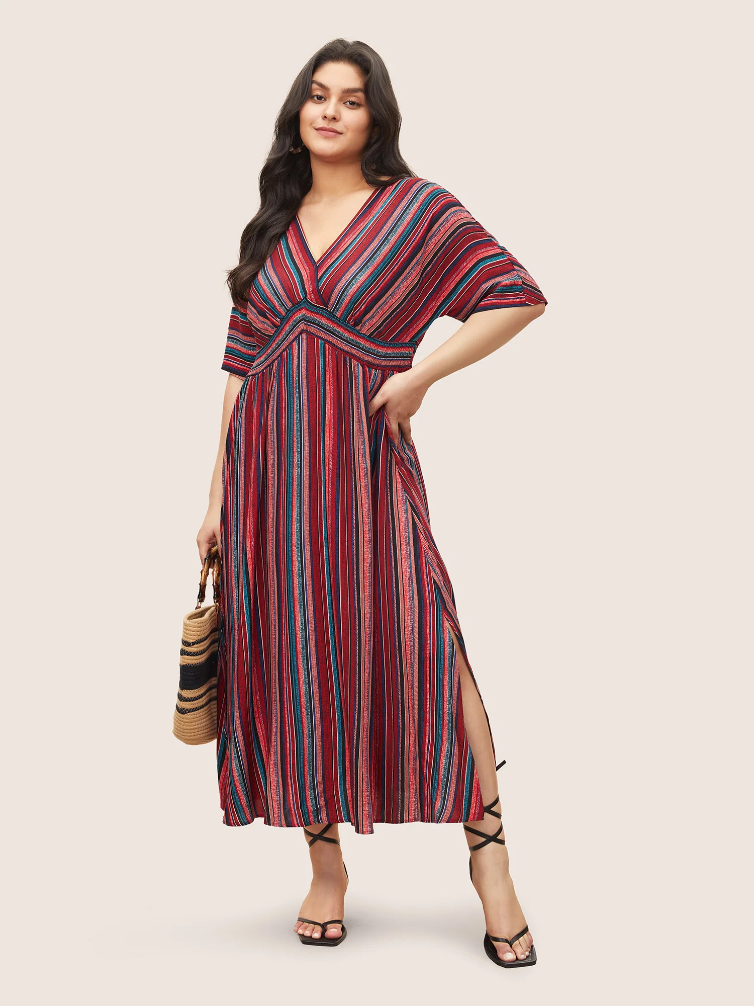Striped Contrast Dolman Sleeve Shirred Pocket Split Flutter Dress - Image 23