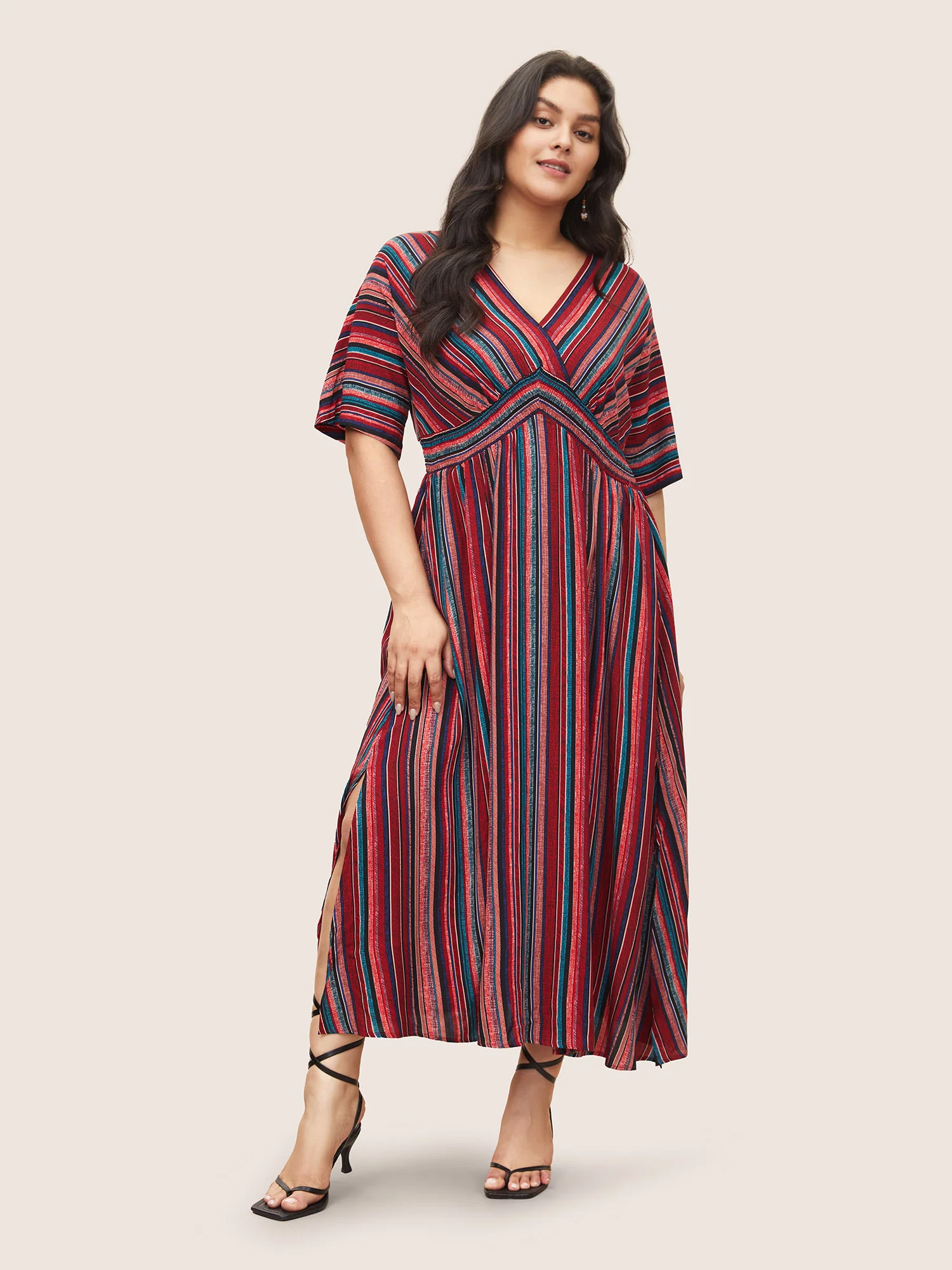 Striped Contrast Dolman Sleeve Shirred Pocket Split Flutter Dress - Image 24