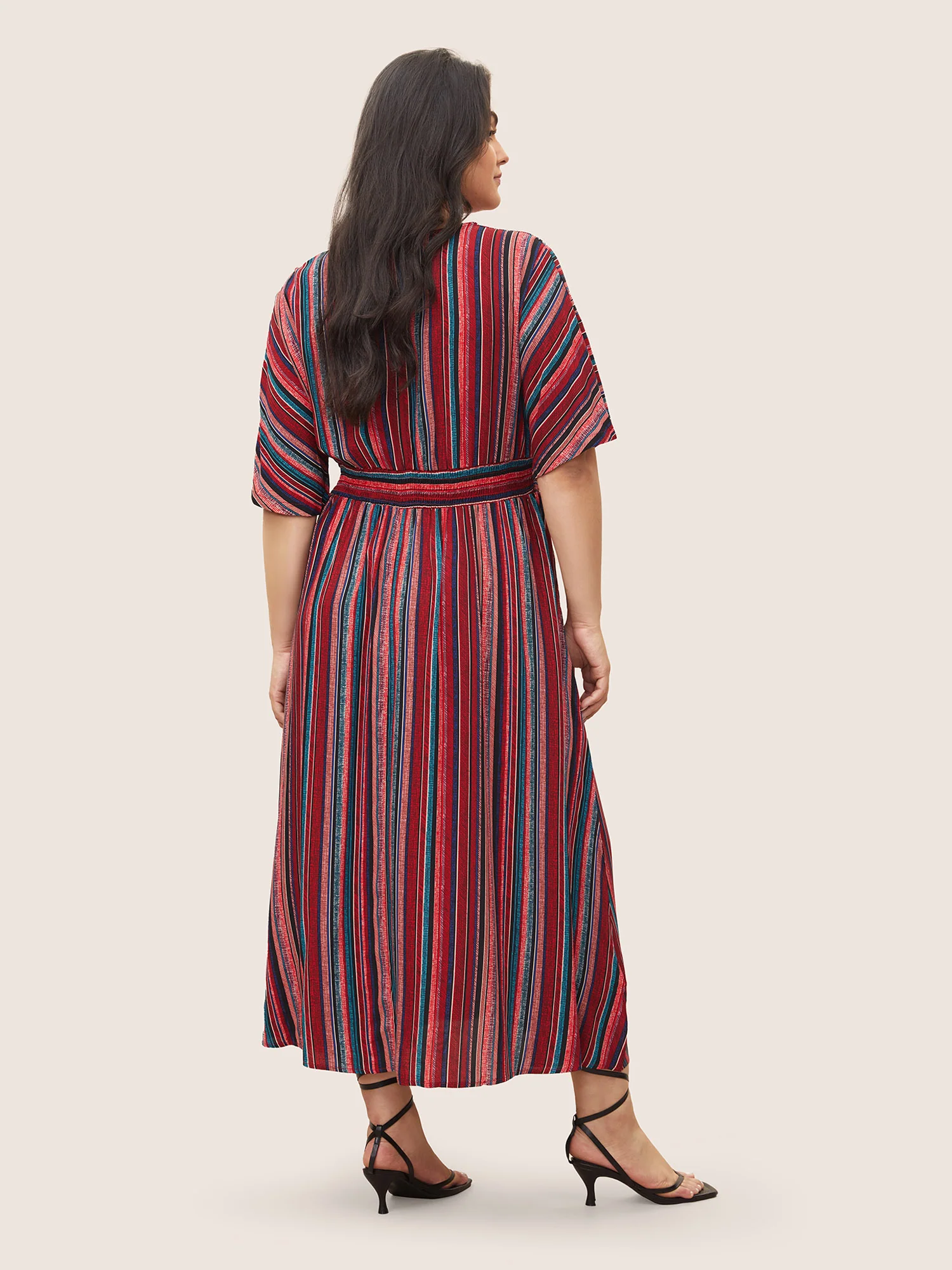 Striped Contrast Dolman Sleeve Shirred Pocket Split Flutter Dress - Image 25
