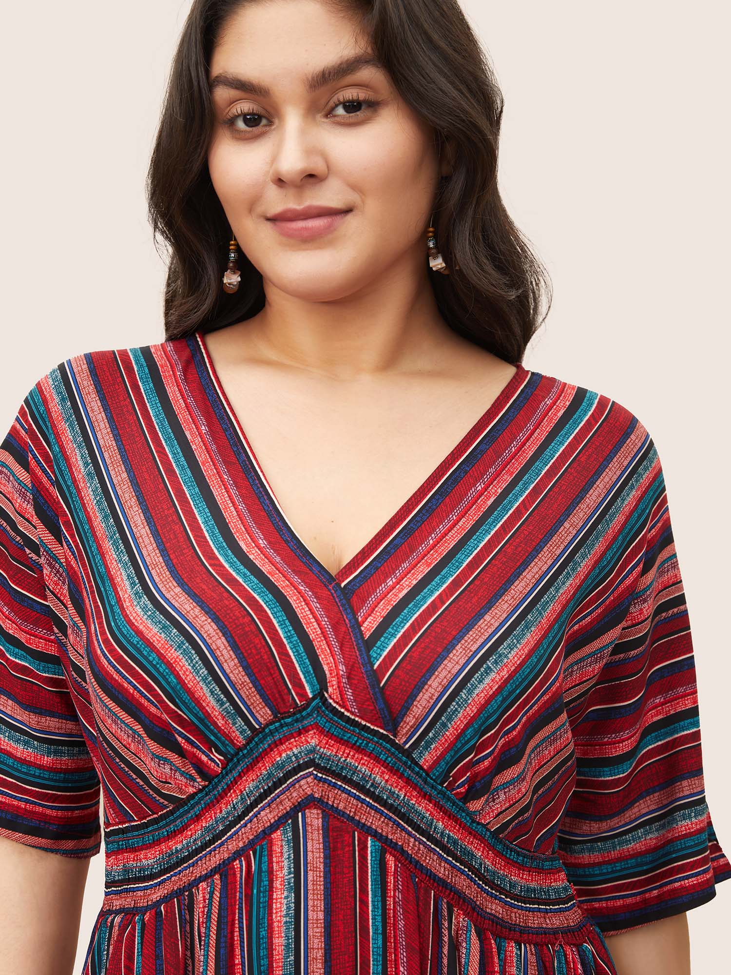 Striped Contrast Dolman Sleeve Shirred Pocket Split Flutter Dress - Image 26