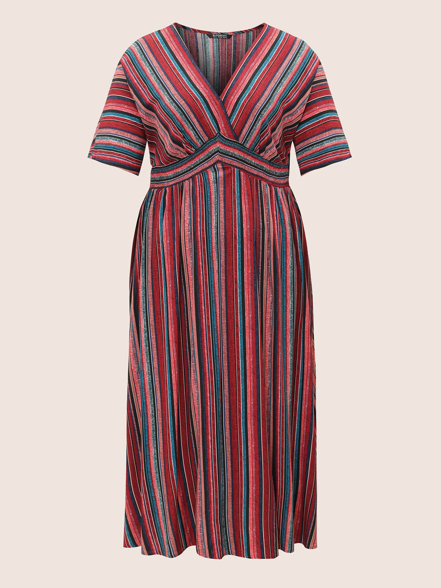Striped Contrast Dolman Sleeve Shirred Pocket Split Flutter Dress - Image 27