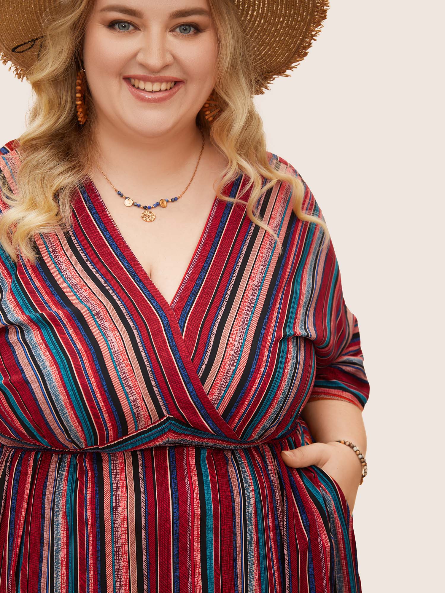 Striped Contrast Dolman Sleeve Shirred Pocket Split Flutter Dress - Image 32