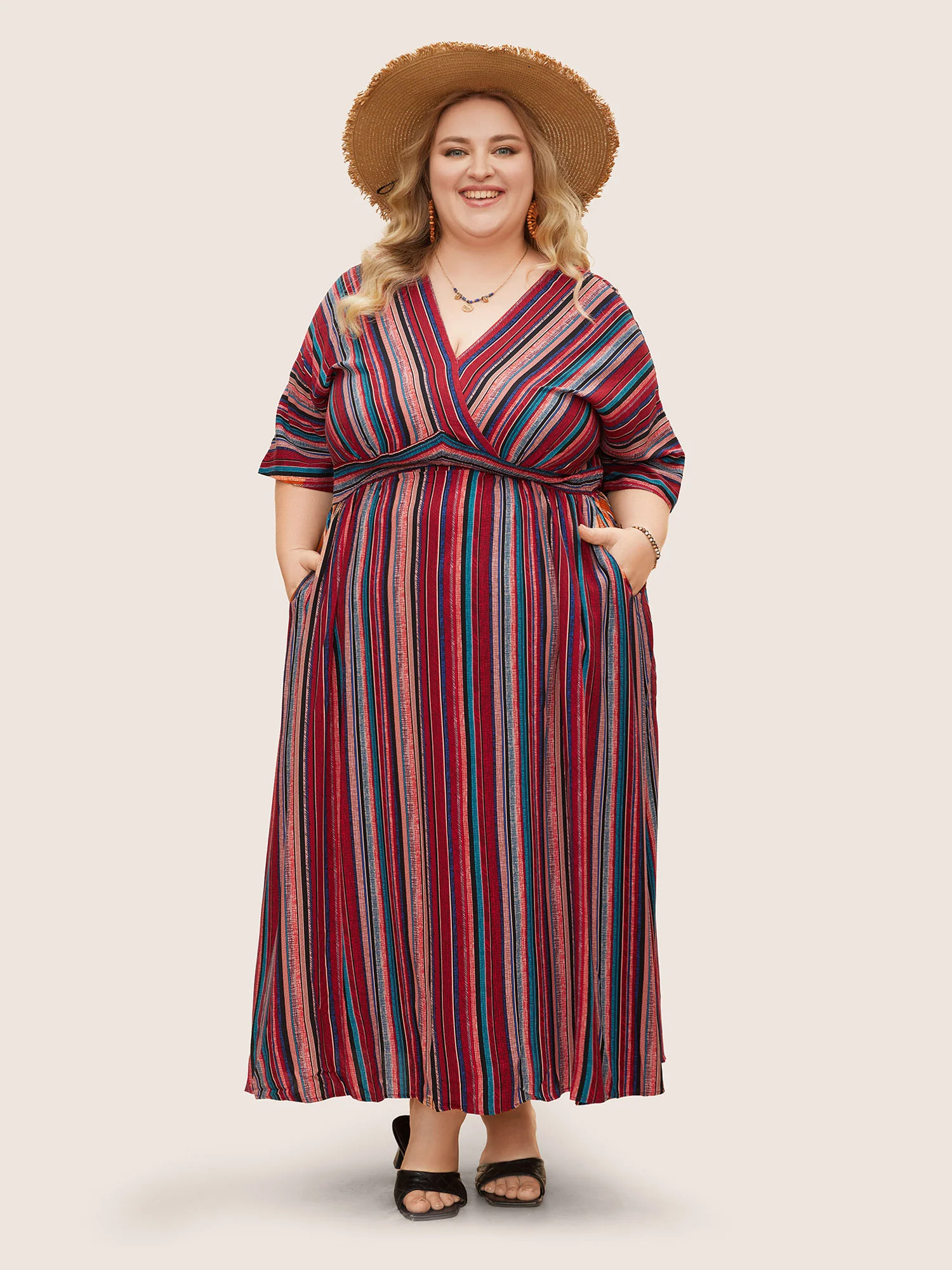 Striped Contrast Dolman Sleeve Shirred Pocket Split Flutter Dress - Image 33