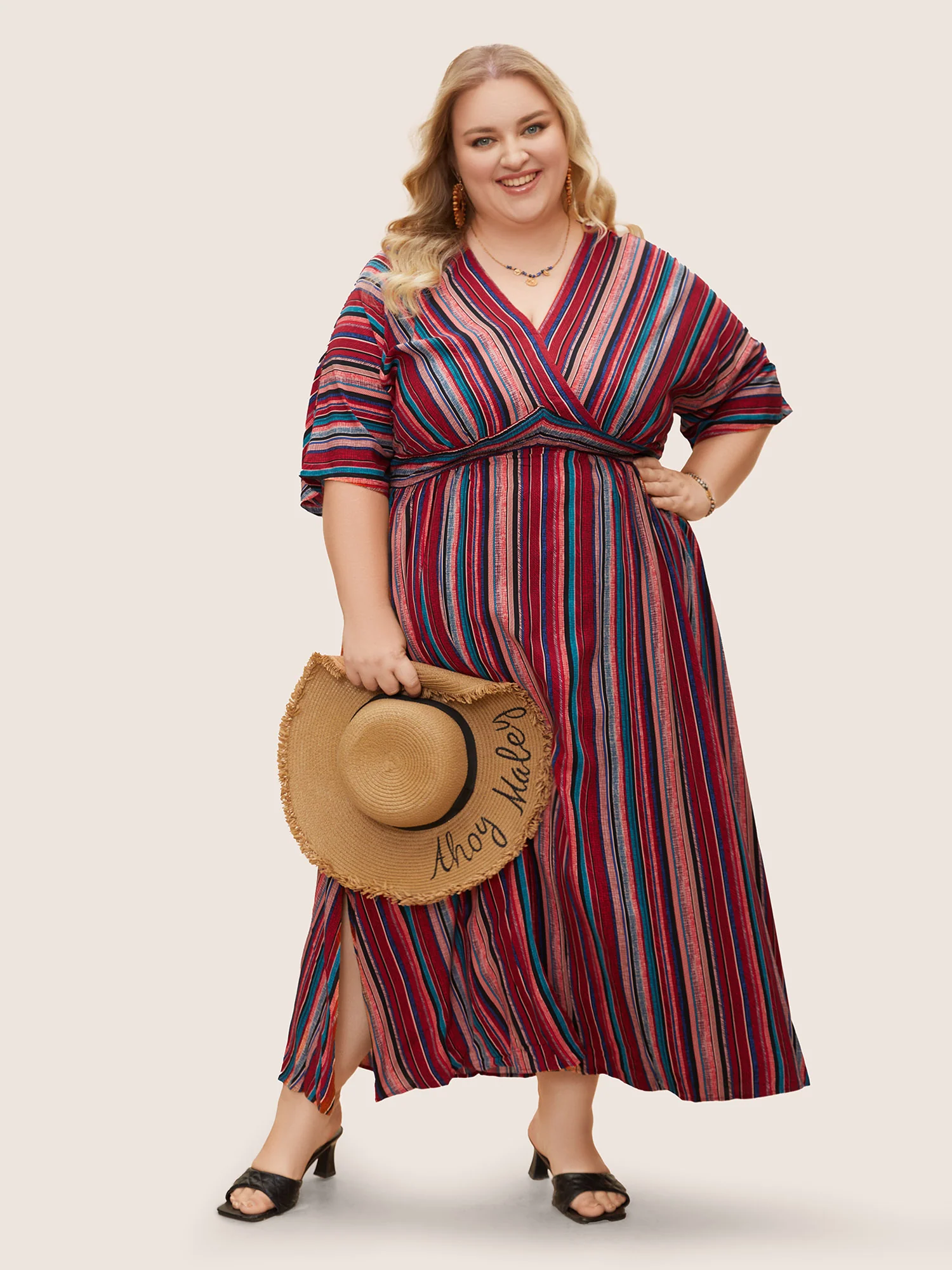 Striped Contrast Dolman Sleeve Shirred Pocket Split Flutter Dress - Image 34
