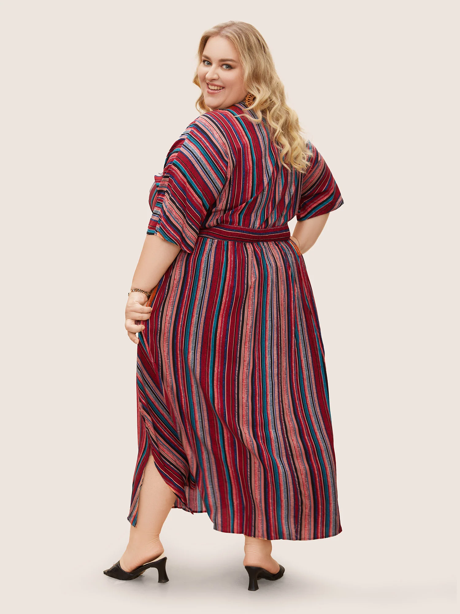Striped Contrast Dolman Sleeve Shirred Pocket Split Flutter Dress - Image 35