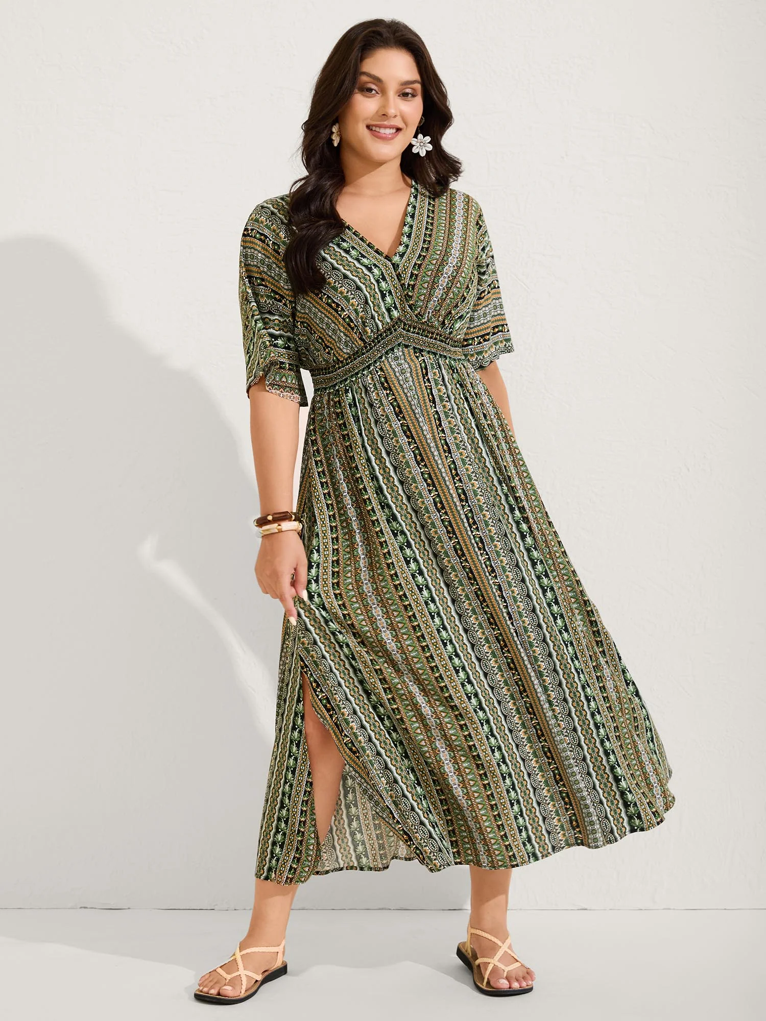 Striped Contrast Dolman Sleeve Shirred Pocket Split Flutter Dress - Image 36