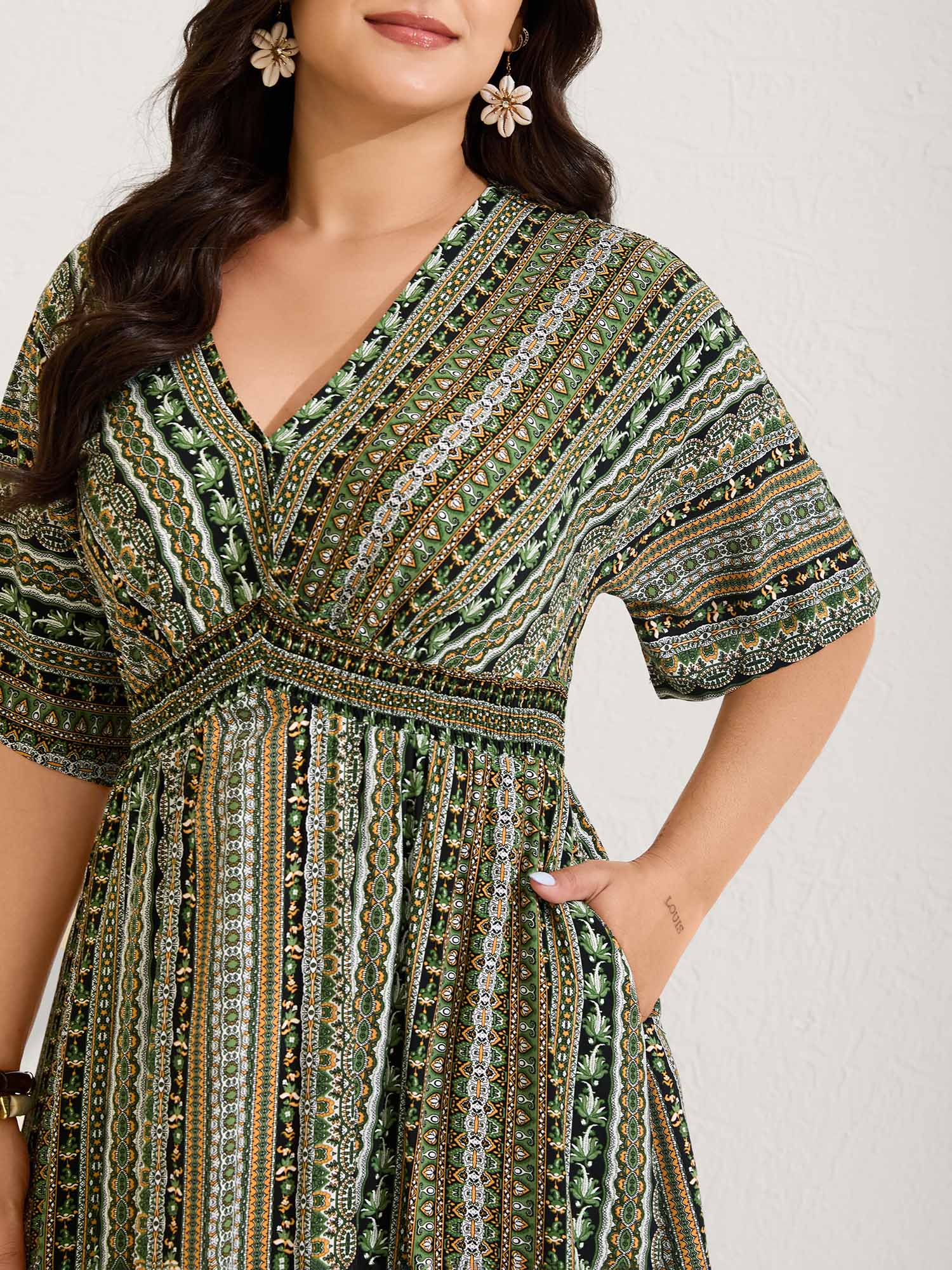 Striped Contrast Dolman Sleeve Shirred Pocket Split Flutter Dress - Image 37