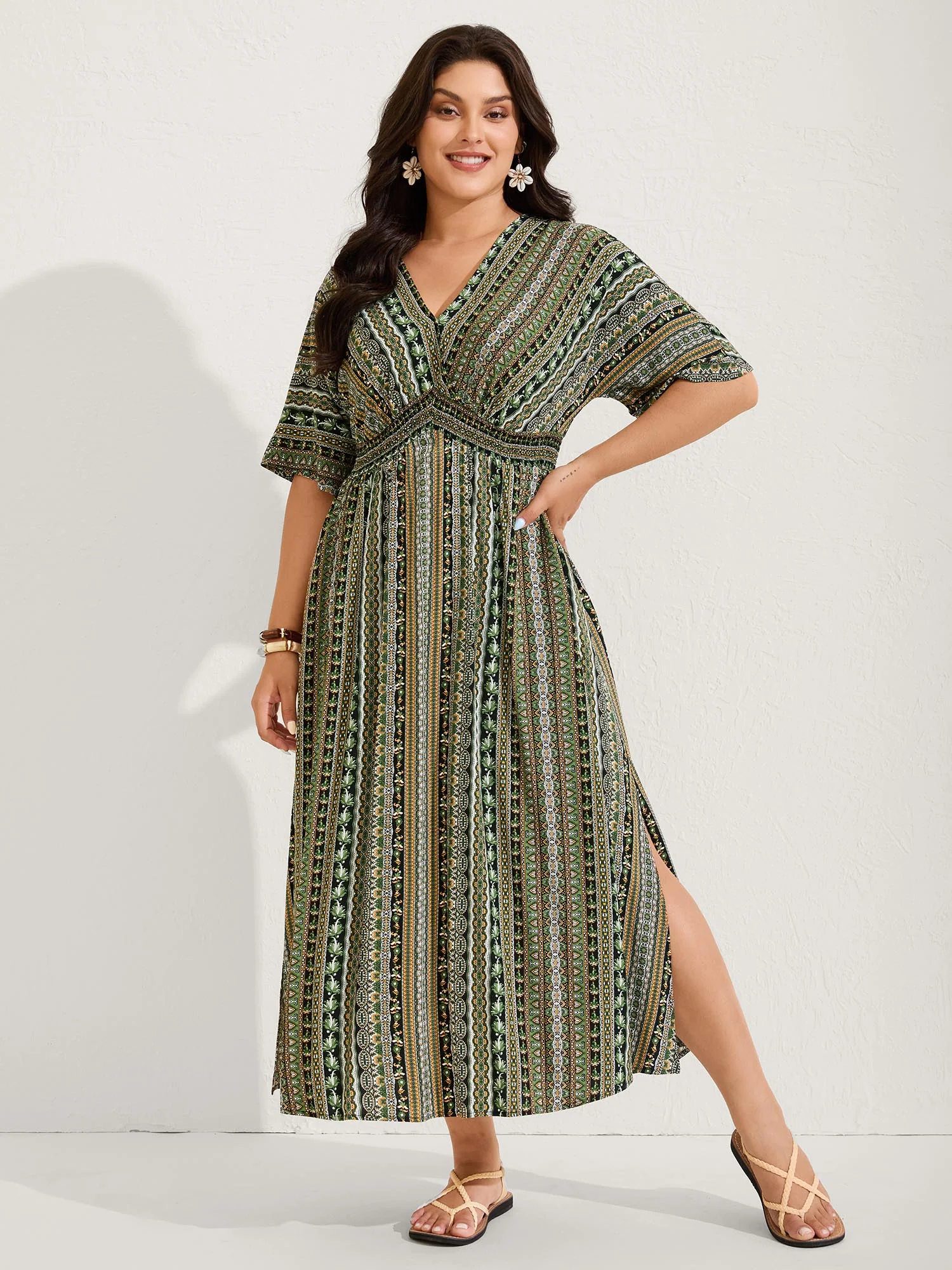 Striped Contrast Dolman Sleeve Shirred Pocket Split Flutter Dress - Image 38