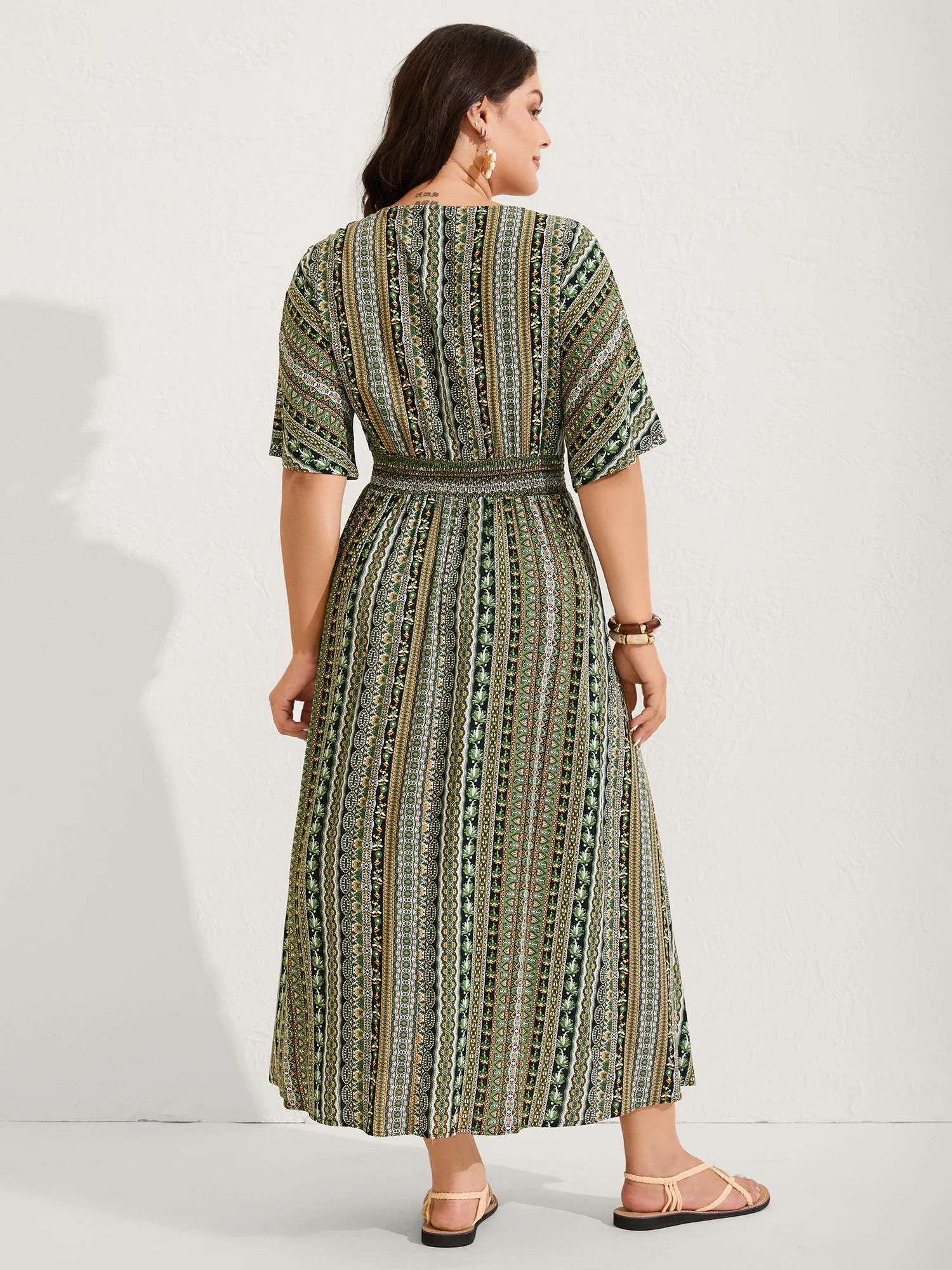 Striped Contrast Dolman Sleeve Shirred Pocket Split Flutter Dress - Image 39