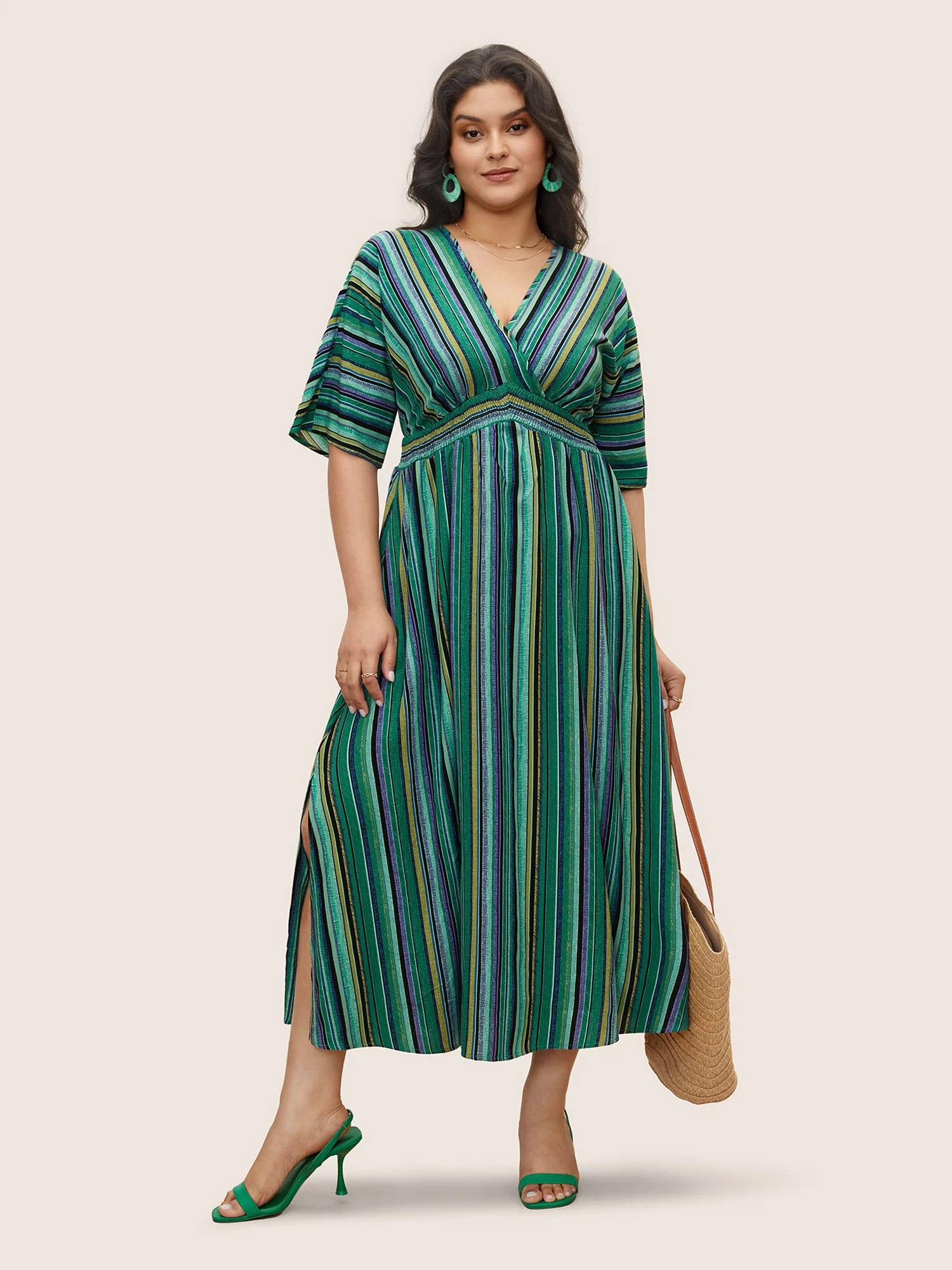Striped Contrast Dolman Sleeve Shirred Pocket Split Flutter Dress - Image 40
