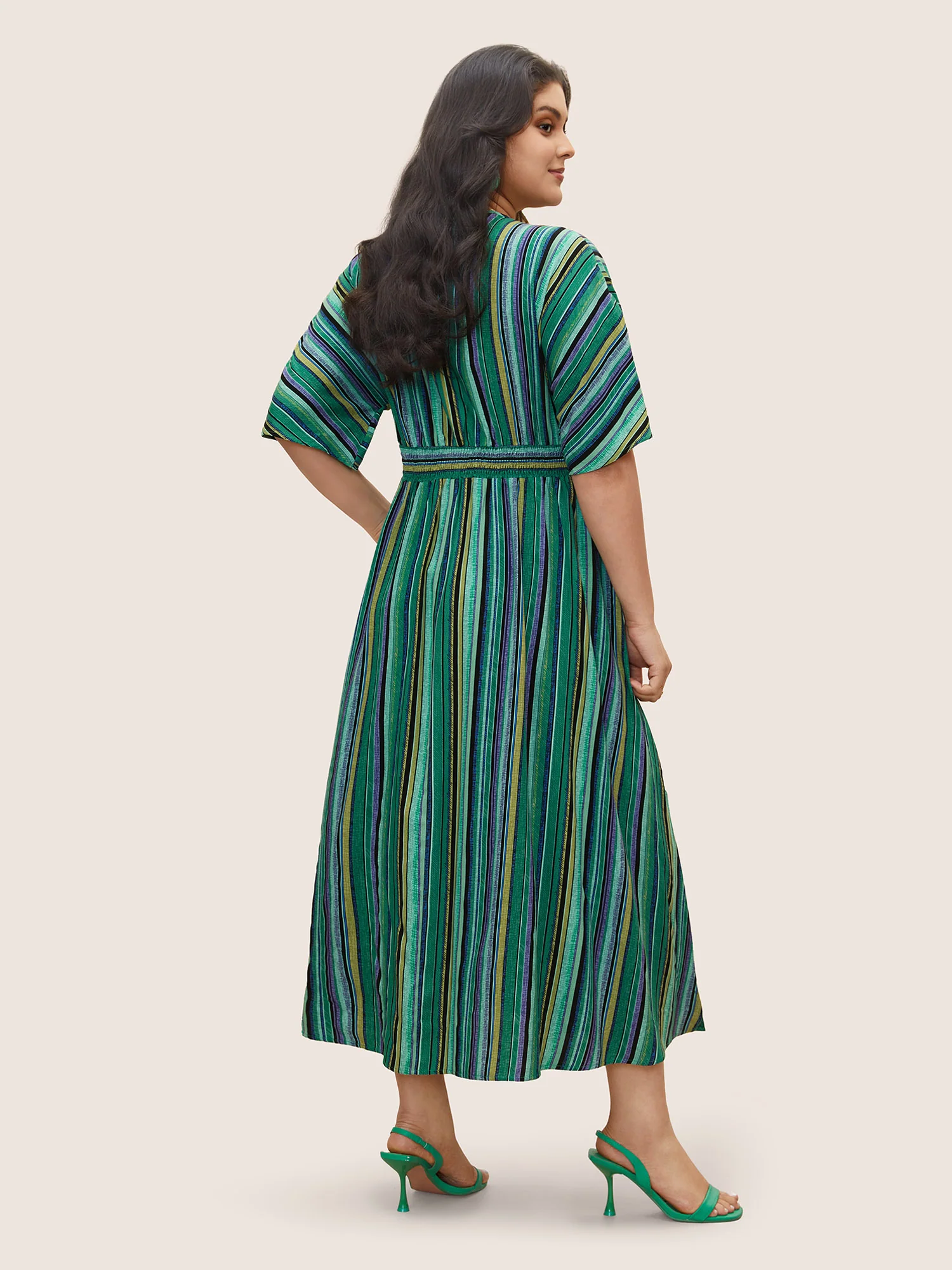 Striped Contrast Dolman Sleeve Shirred Pocket Split Flutter Dress - Image 41