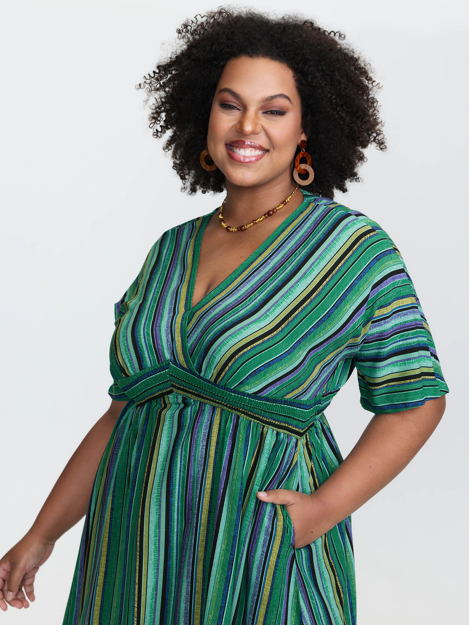 Striped Contrast Dolman Sleeve Shirred Pocket Split Flutter Dress - Image 9