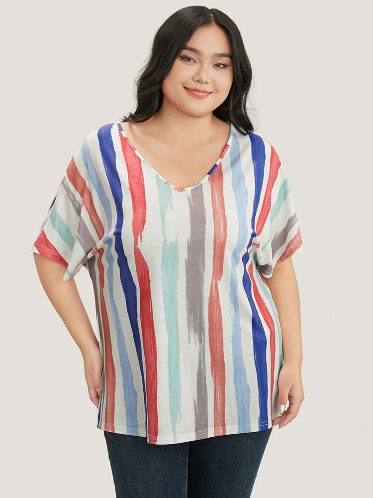 Striped Contrast Dolman Sleeve V Neck T-shirt - Image 2