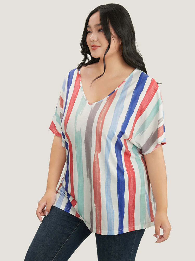 Striped Contrast Dolman Sleeve V Neck T-shirt - Image 3