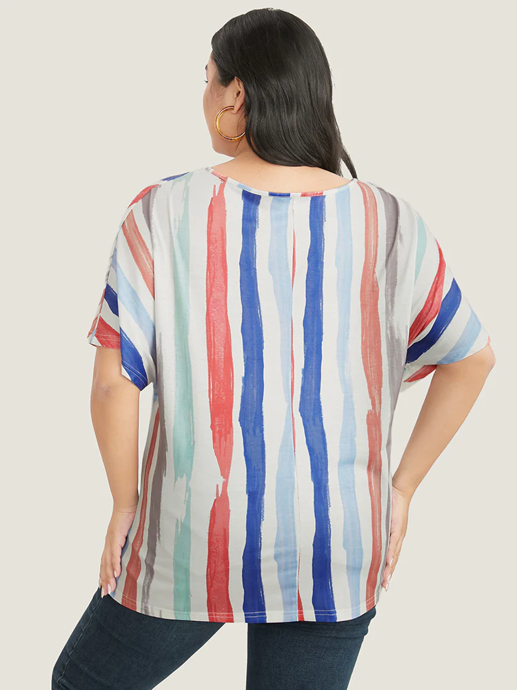 Striped Contrast Dolman Sleeve V Neck T-shirt - Image 4