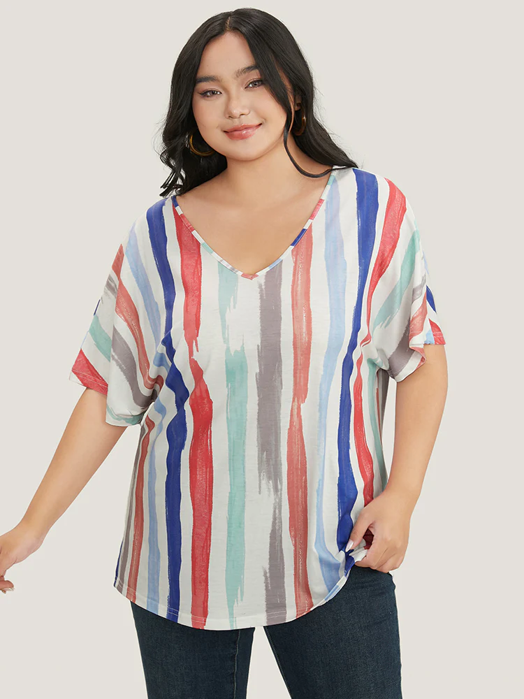 Striped Contrast Dolman Sleeve V Neck T-shirt - Image 5