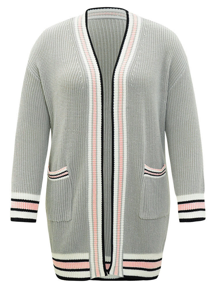Striped Contrast Drop Shoulder Elastic Cuffs Cardigan - Image 10
