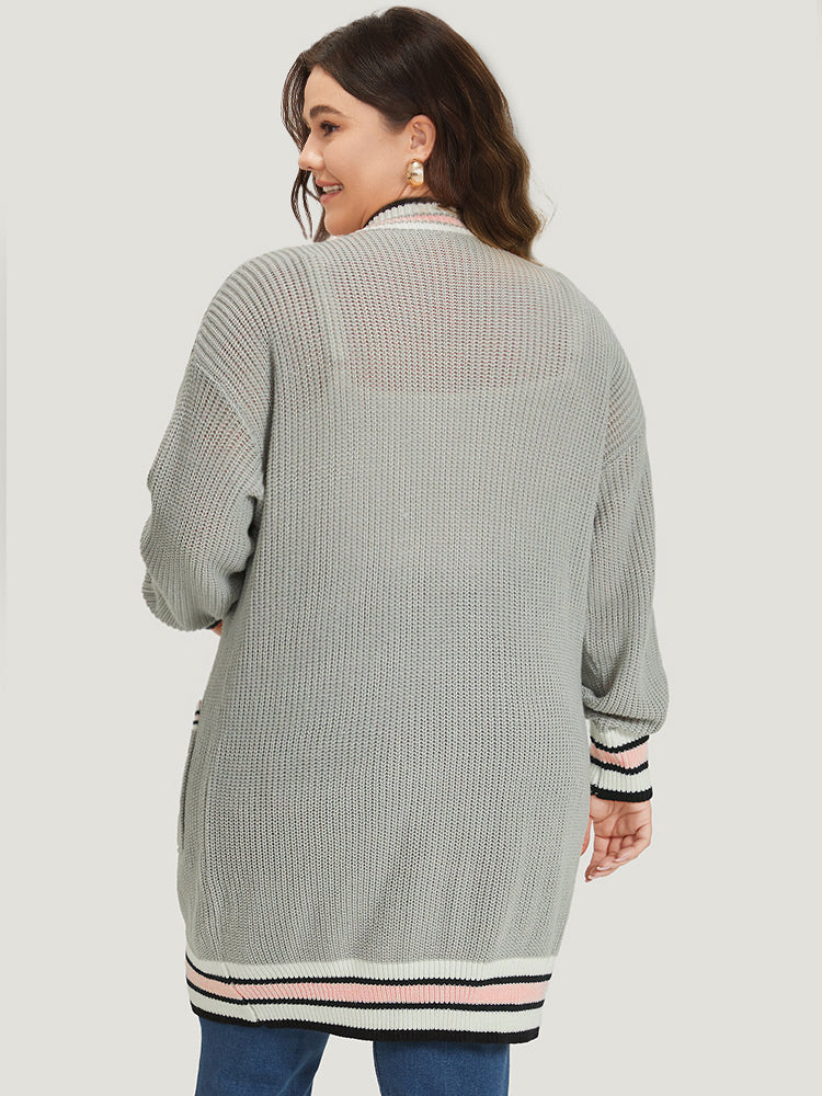 Striped Contrast Drop Shoulder Elastic Cuffs Cardigan - Image 2
