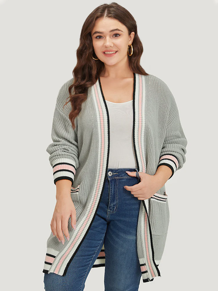 Striped Contrast Drop Shoulder Elastic Cuffs Cardigan - Image 3