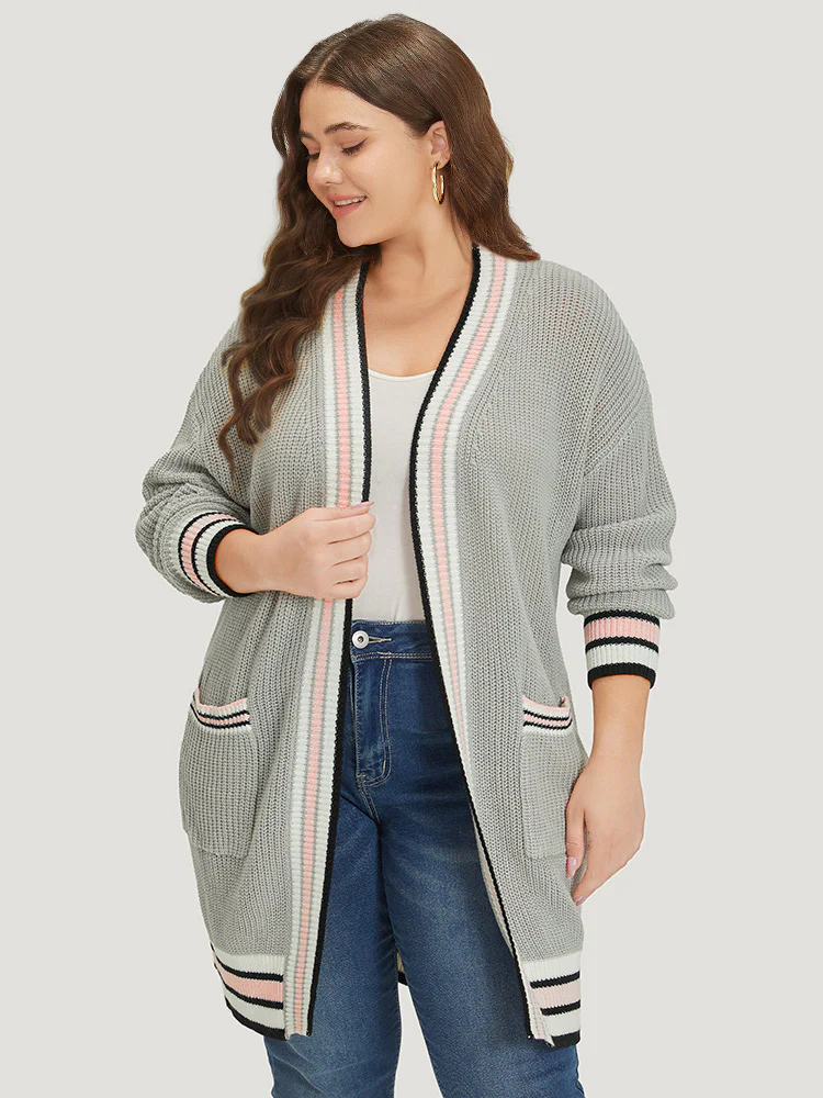 Striped Contrast Drop Shoulder Elastic Cuffs Cardigan - Image 4