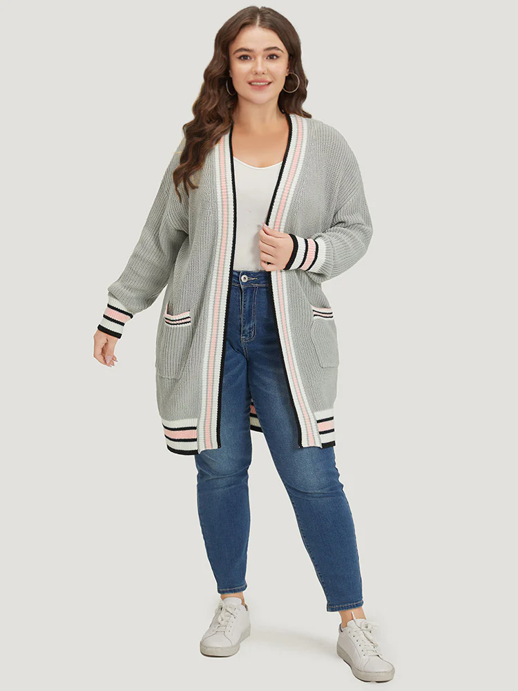 Striped Contrast Drop Shoulder Elastic Cuffs Cardigan - Image 5