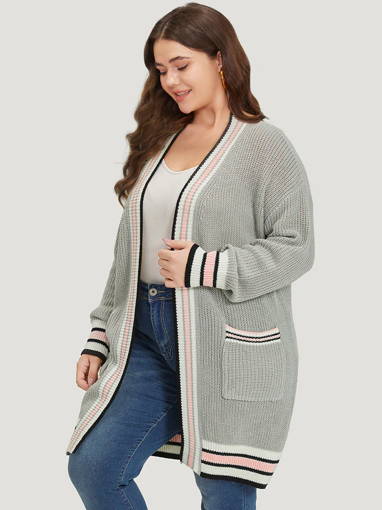 Striped Contrast Drop Shoulder Elastic Cuffs Cardigan - Image 6