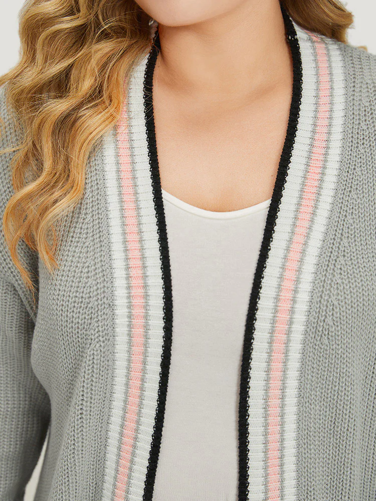 Striped Contrast Drop Shoulder Elastic Cuffs Cardigan - Image 8
