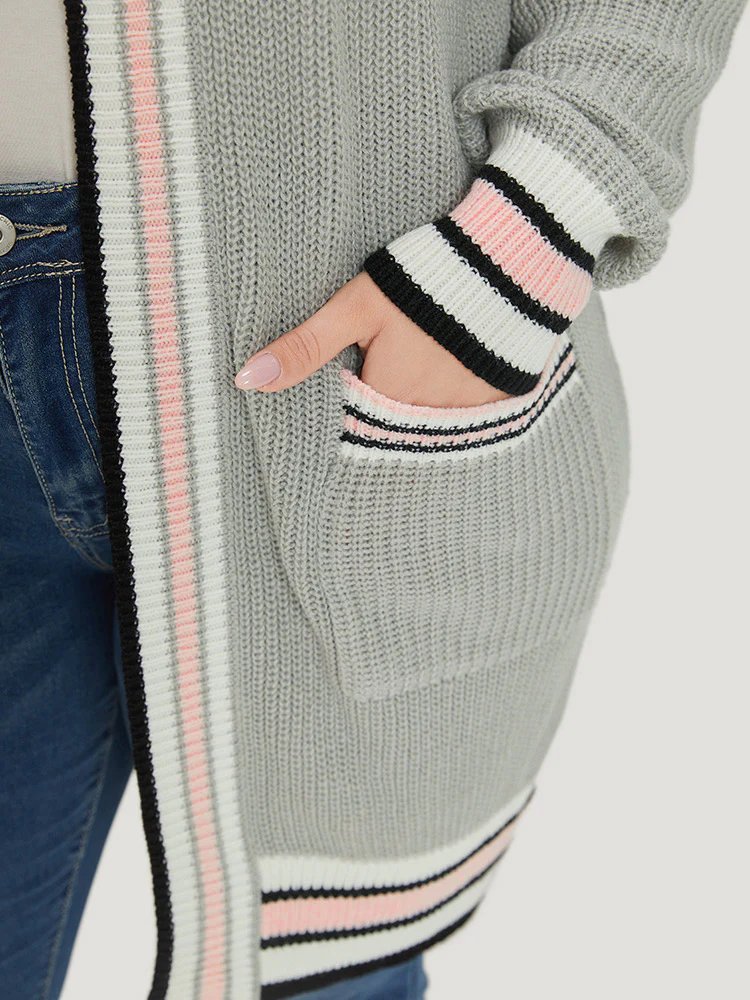 Striped Contrast Drop Shoulder Elastic Cuffs Cardigan - Image 9