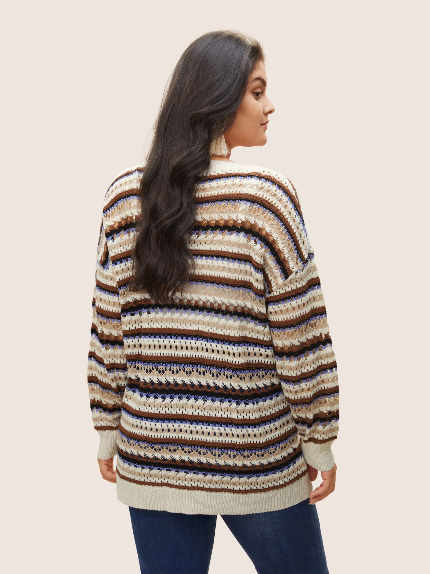 Striped Contrast Drop Shoulder Hollow Out Pullover - Image 2