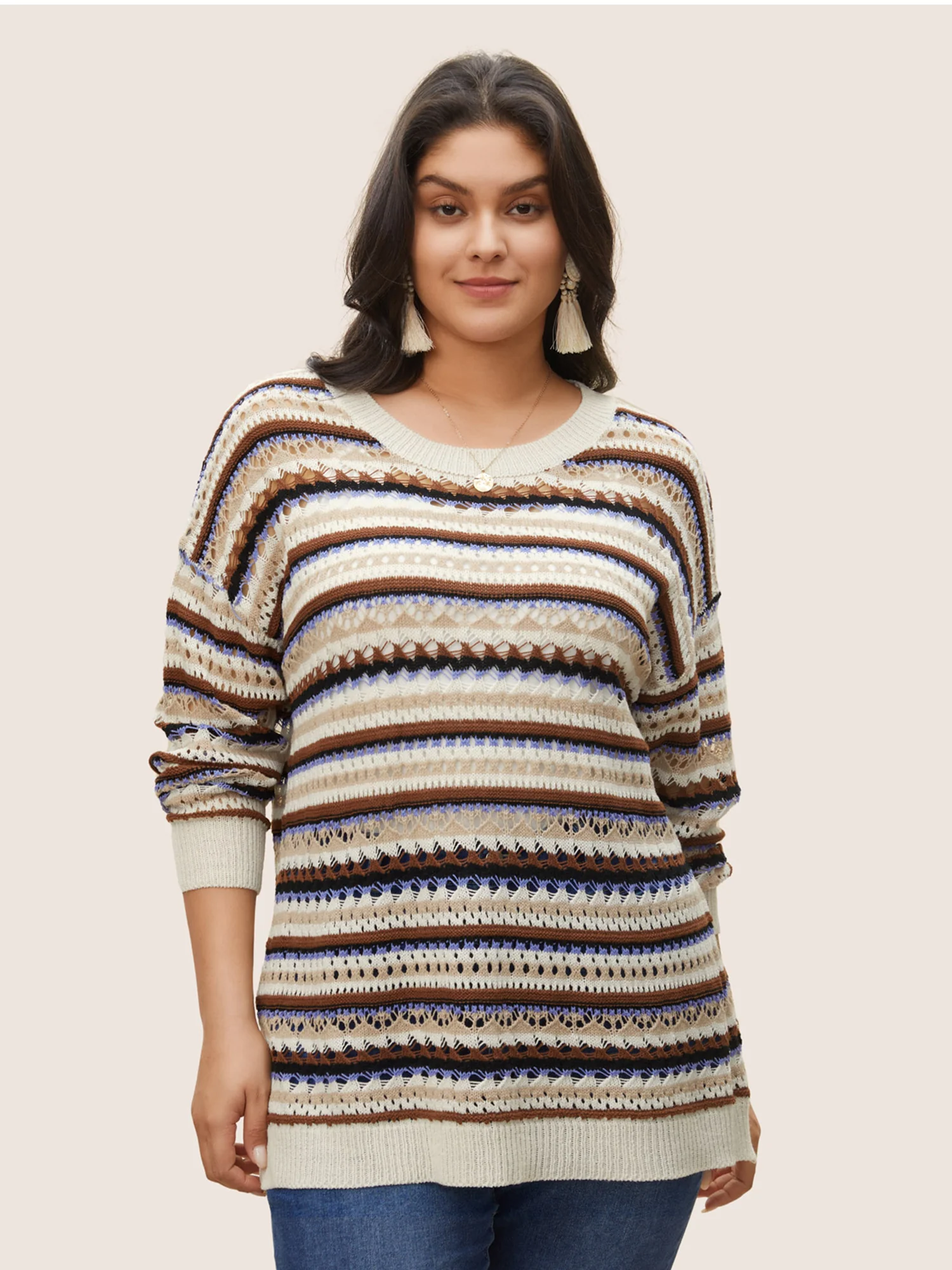 Striped Contrast Drop Shoulder Hollow Out Pullover - Image 3