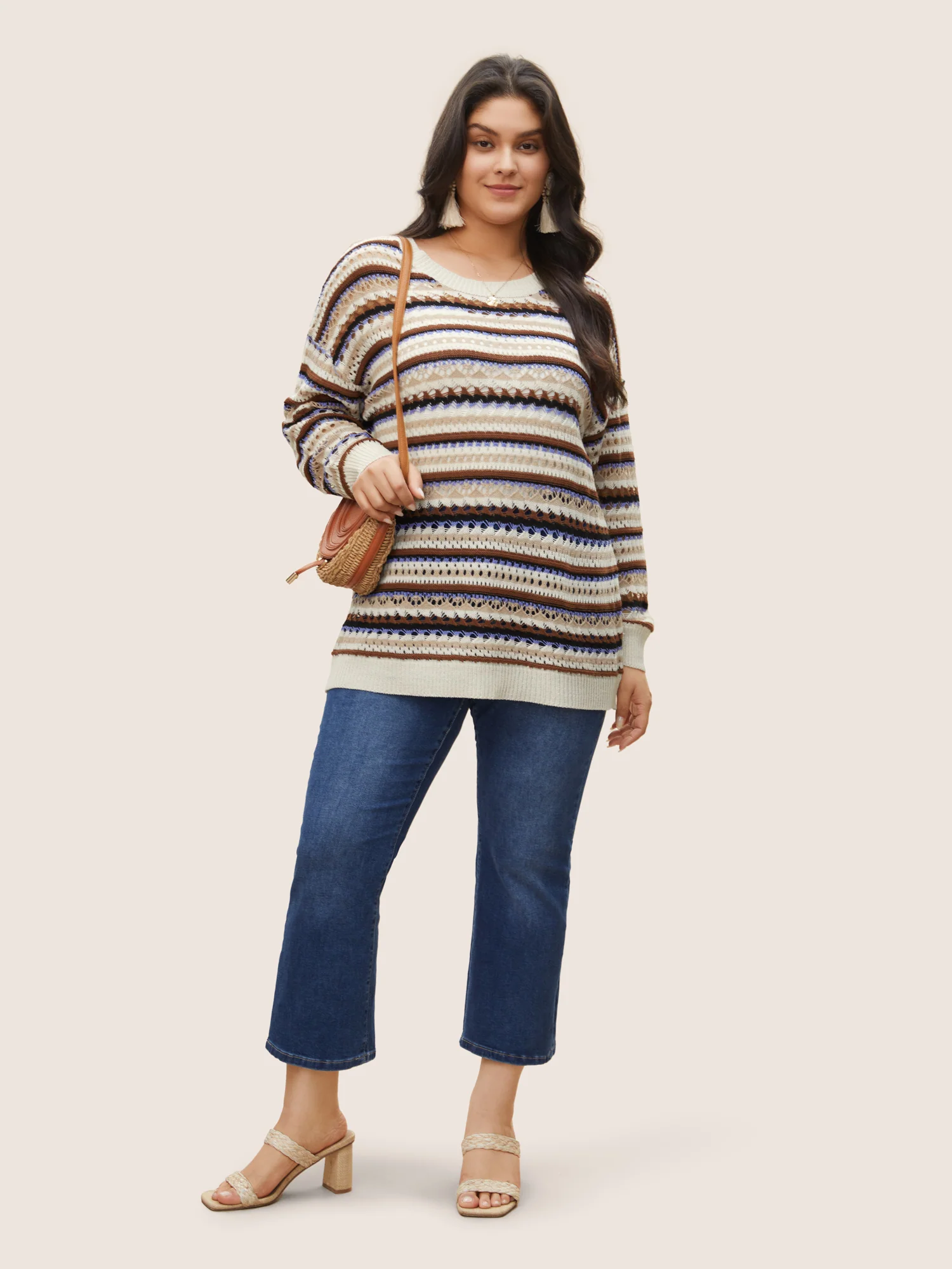 Striped Contrast Drop Shoulder Hollow Out Pullover - Image 4