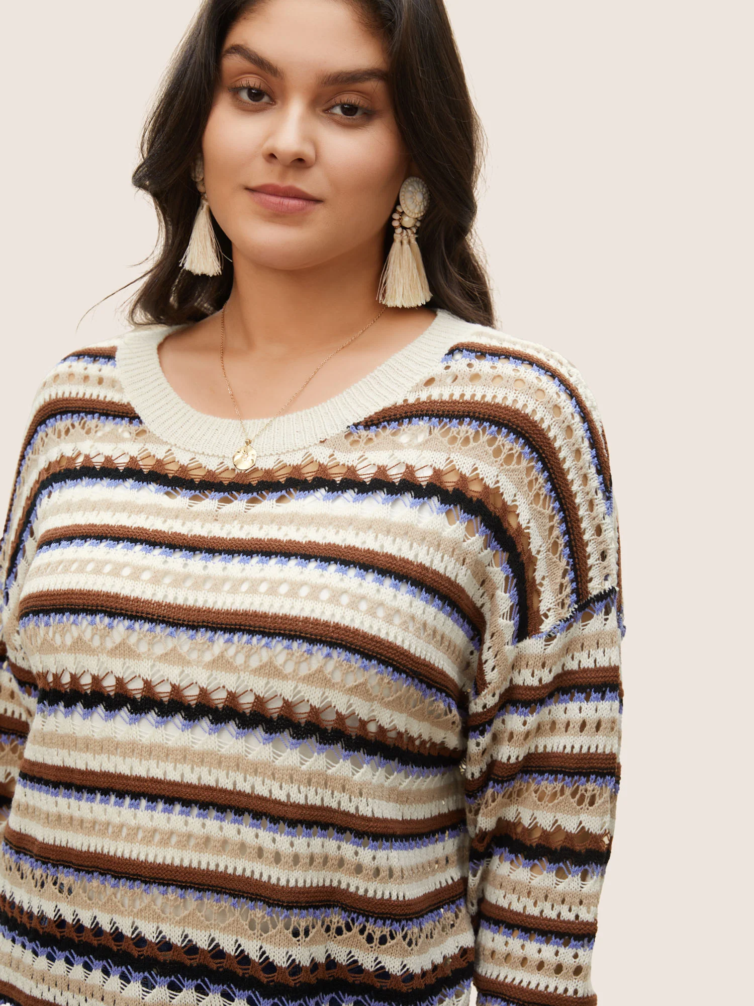 Striped Contrast Drop Shoulder Hollow Out Pullover - Image 5