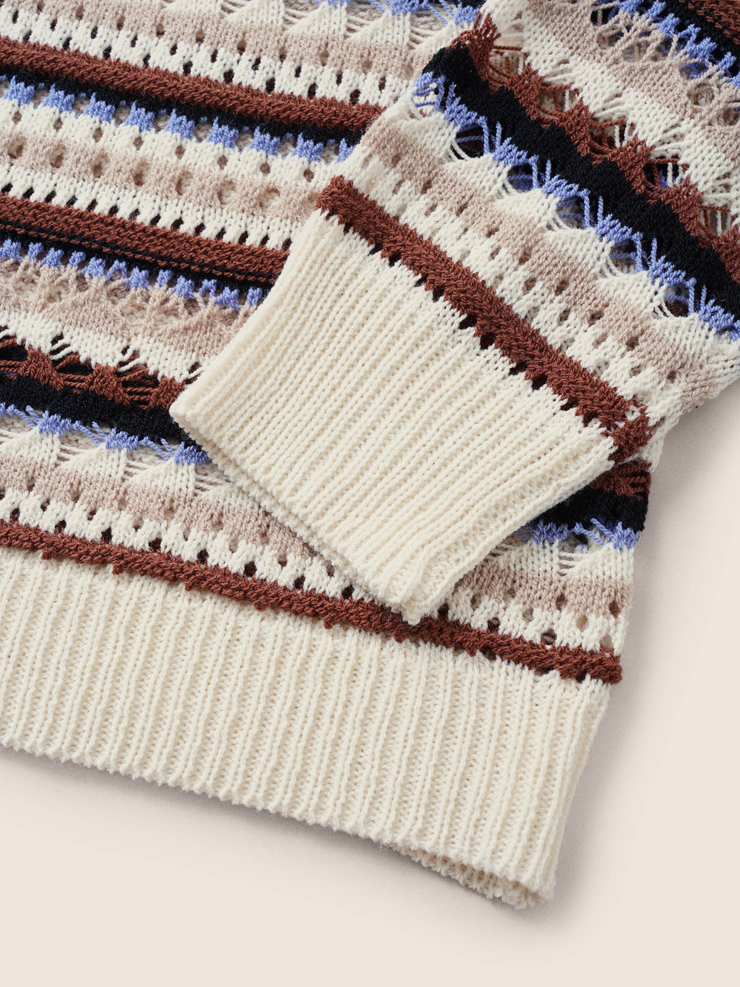Striped Contrast Drop Shoulder Hollow Out Pullover - Image 6