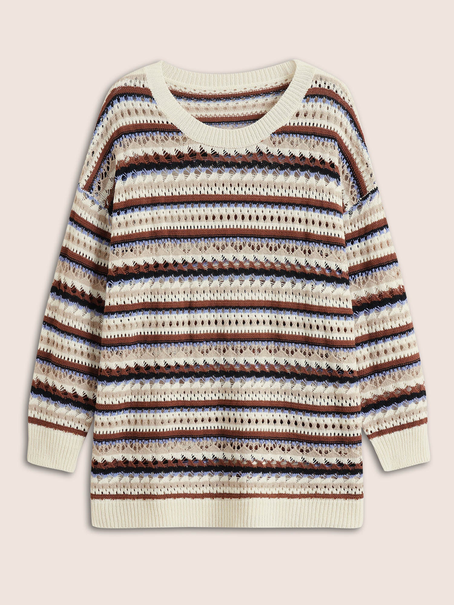 Striped Contrast Drop Shoulder Hollow Out Pullover - Image 7