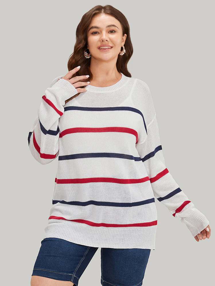 Striped Contrast Drop Shoulder Pullover - Image 3