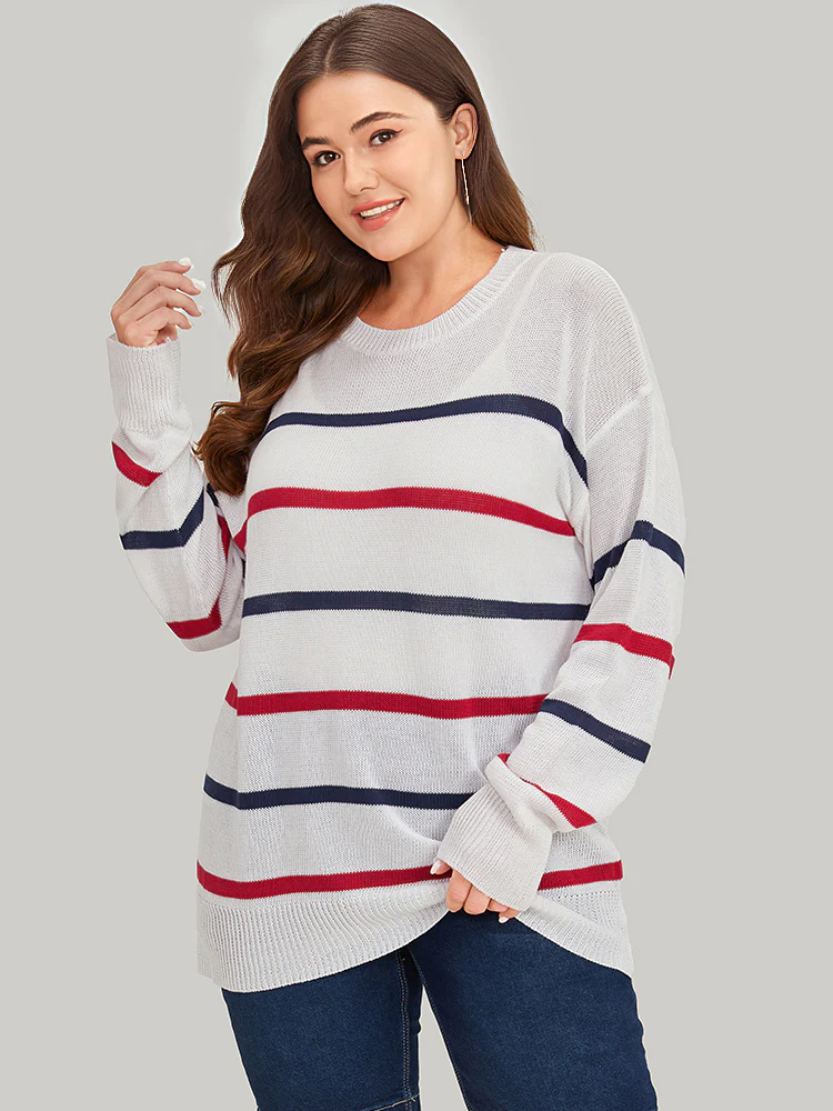 Striped Contrast Drop Shoulder Pullover - Image 5
