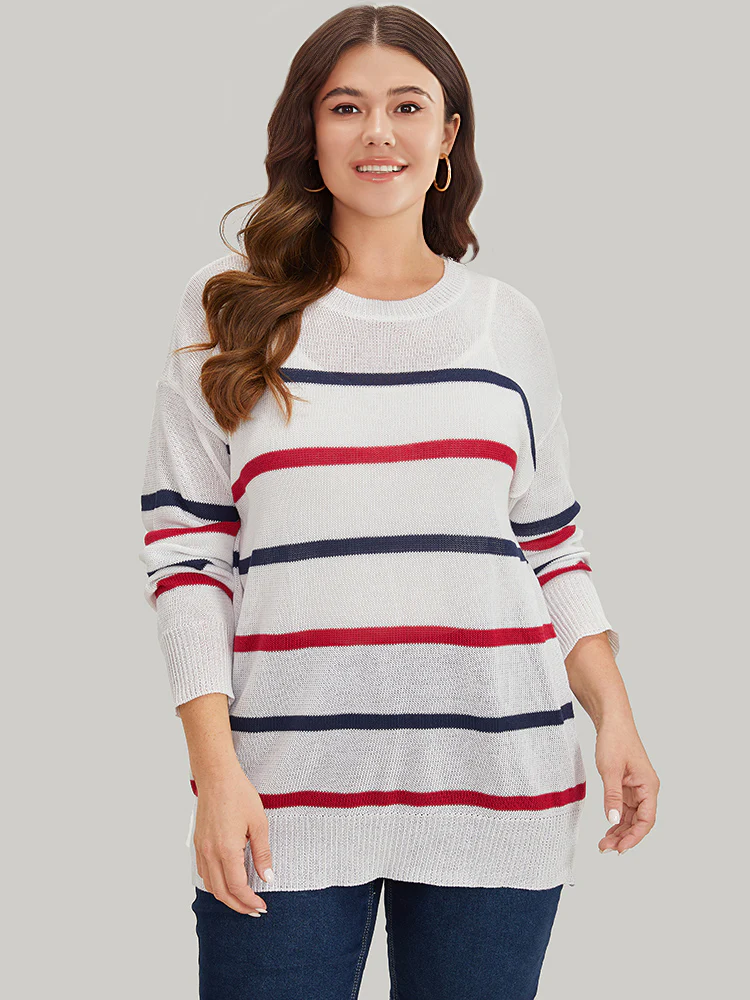 Striped Contrast Drop Shoulder Pullover - Image 6