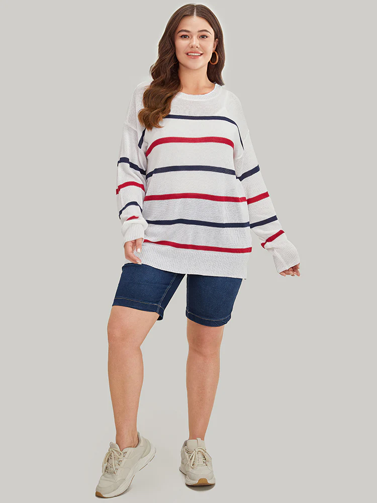 Striped Contrast Drop Shoulder Pullover - Image 7