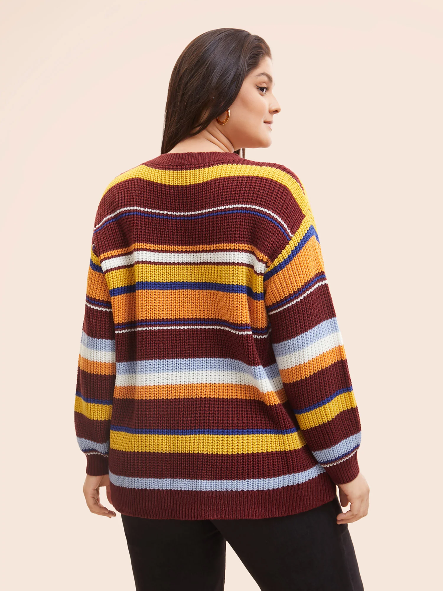 Striped Contrast Drop Shoulder Sleeve Pullover - Image 2