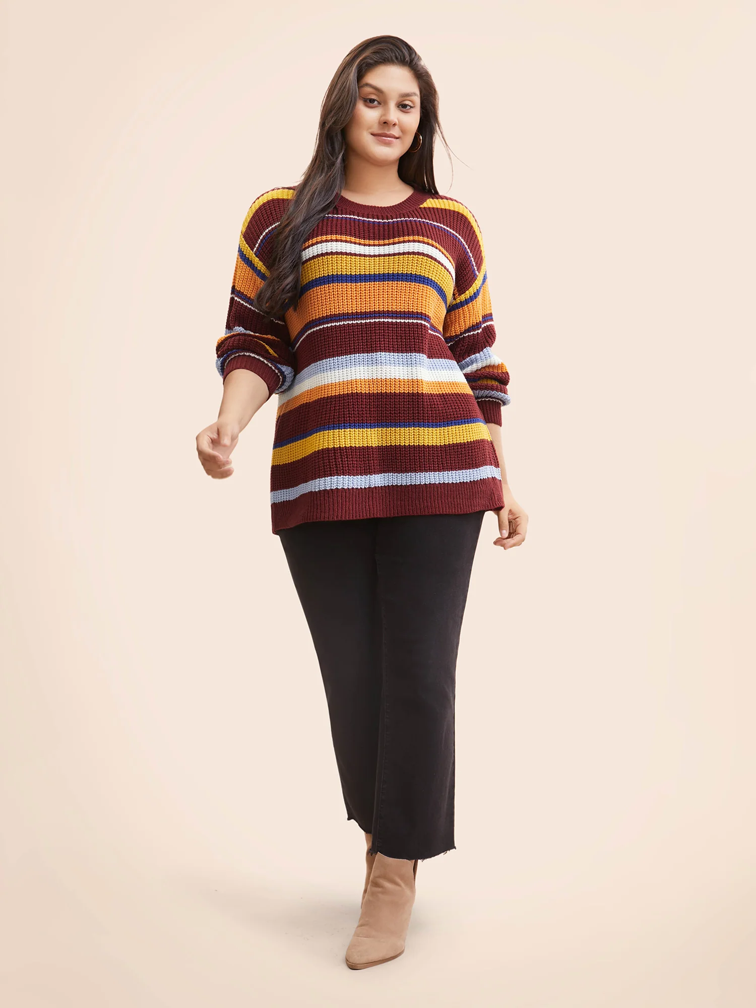 Striped Contrast Drop Shoulder Sleeve Pullover - Image 3