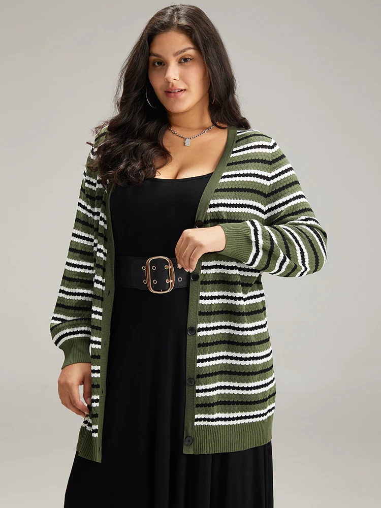 Striped Contrast Elastic Cuffs Button Through Cardigan - Image 3