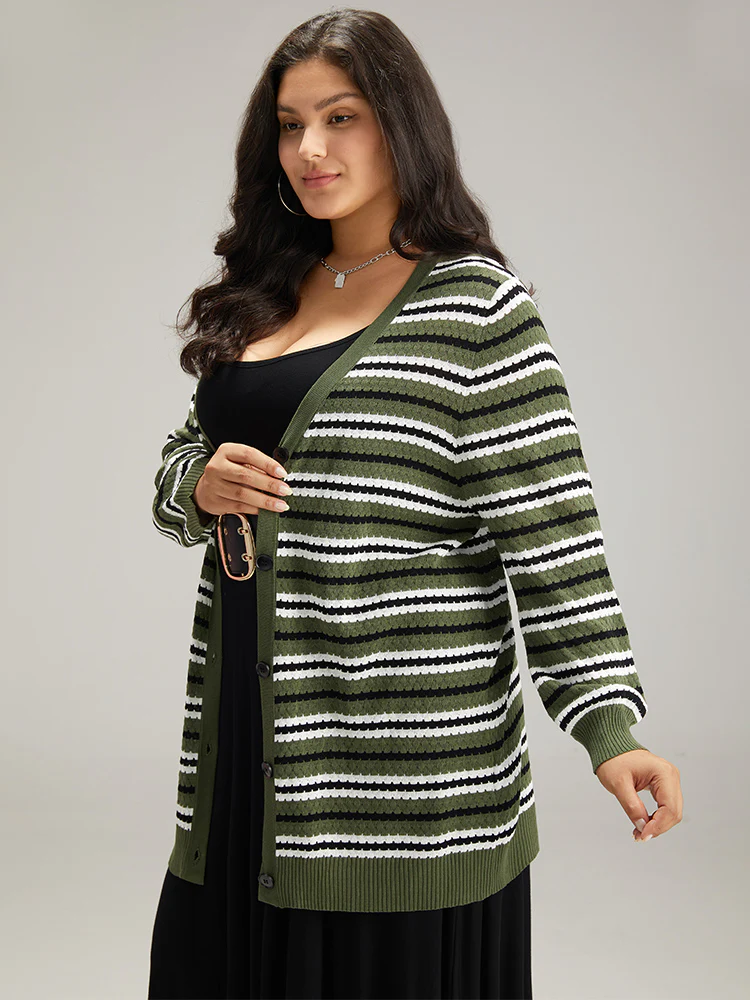 Striped Contrast Elastic Cuffs Button Through Cardigan - Image 4