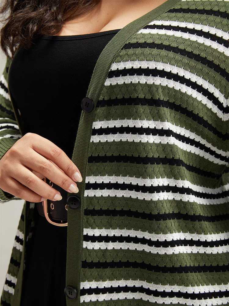 Striped Contrast Elastic Cuffs Button Through Cardigan - Image 7