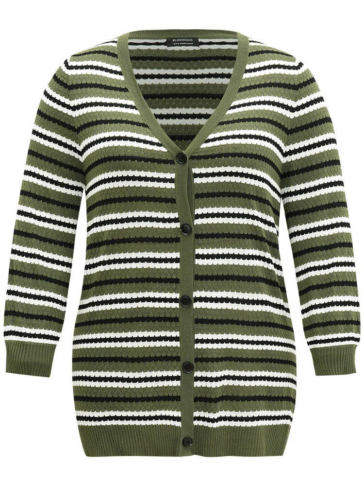 Striped Contrast Elastic Cuffs Button Through Cardigan - Image 8