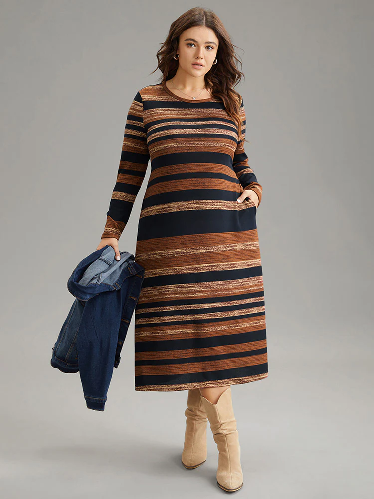 Striped Contrast Elastic Waist Crew Neck Knit Dress - Image 2