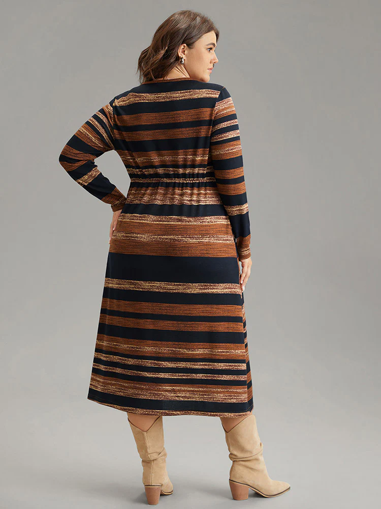 Striped Contrast Elastic Waist Crew Neck Knit Dress - Image 3