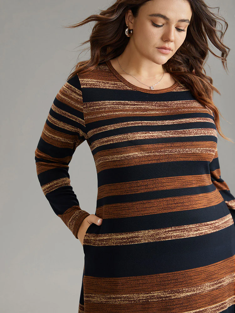 Striped Contrast Elastic Waist Crew Neck Knit Dress - Image 4