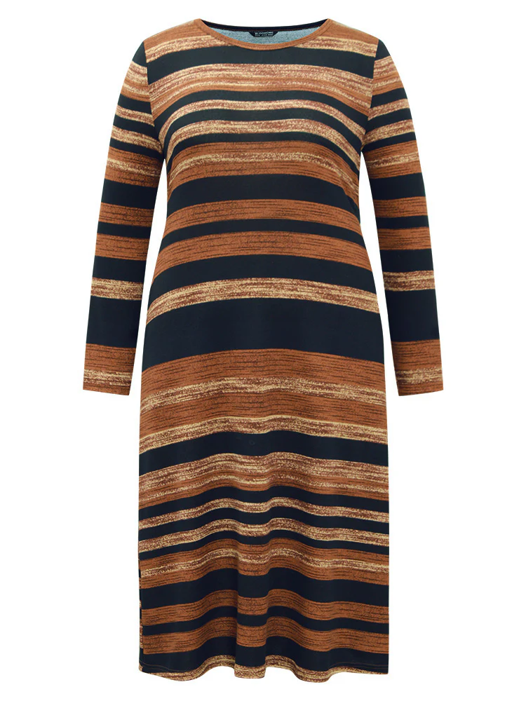 Striped Contrast Elastic Waist Crew Neck Knit Dress - Image 5