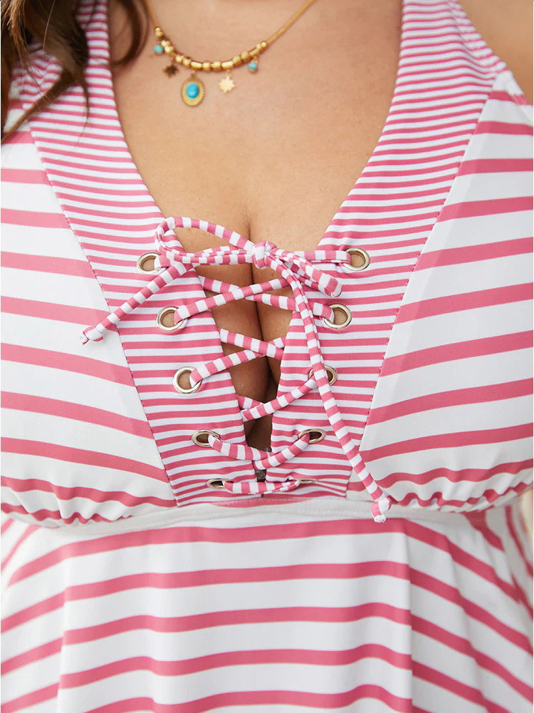 Striped Contrast Lace Up Crossover Tankini Top - Image 7